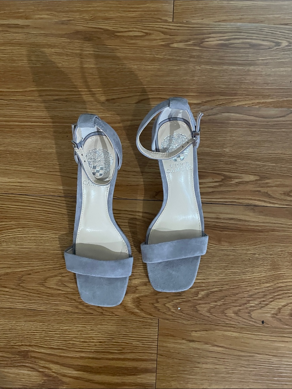 Vince Camuto Light Gray Suede Ankle-Strap Heels